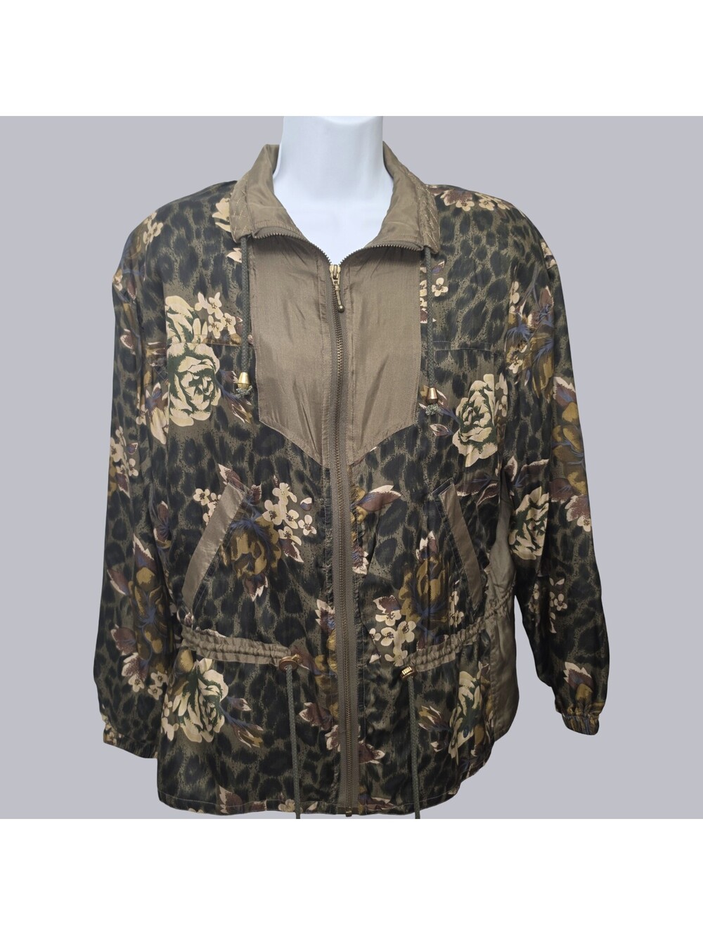 Vintage 90s Y2K Abvien 100% washed silk floral leopard print zip jacket